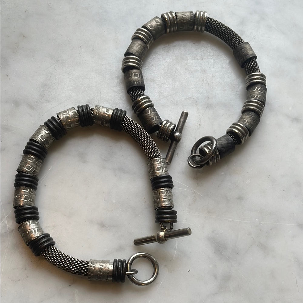 Set of two- Unisex 7.5” Silver Metal mesh and beads Bracelets